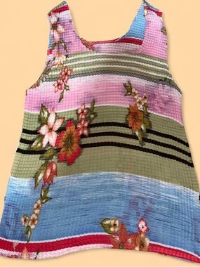 Impressions Light Blue Floral-Striped Tank Top